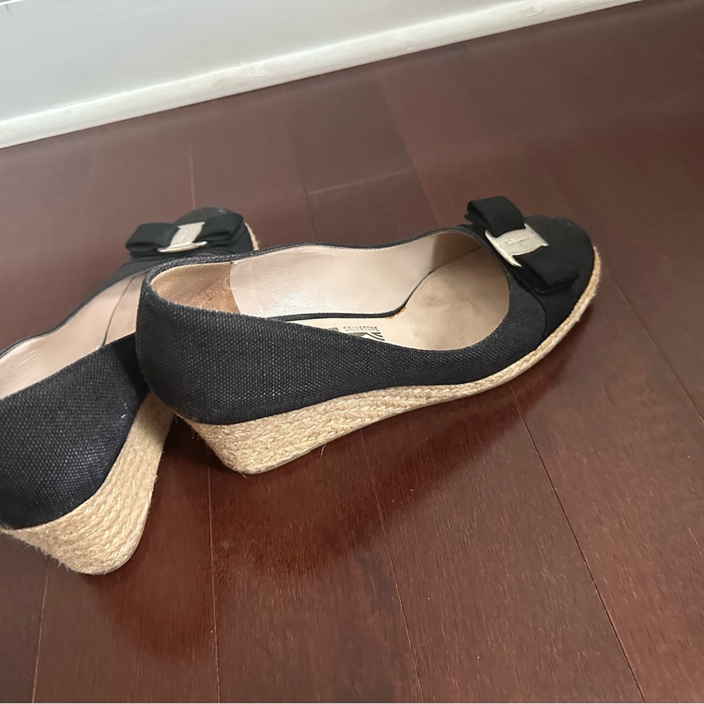 Salvatore Ferragamo Black Wedge Shoes with Bow